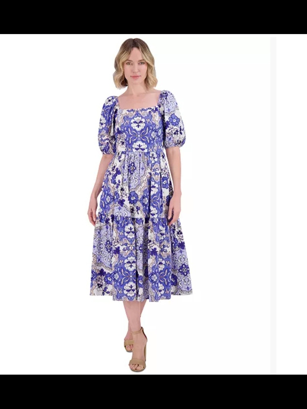 Vince Camuto Blue and White Floral Square-Neck Midi Dress Size 10